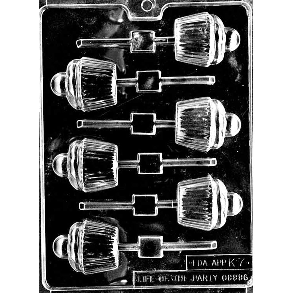 Clear six-cavity Cupcake Chocolate Lollipop Mold with ridged wrappers, rounded frosting, small toppers, and built-in stick channels