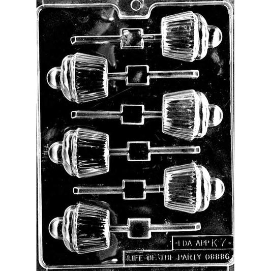 Clear six-cavity Cupcake Chocolate Lollipop Mold with ridged wrappers, rounded frosting, small toppers, and built-in stick channels