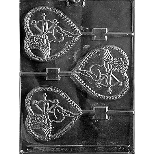 Clear plastic chocolate lollipop mold with three heart-shaped cavities featuring an embossed Cupid archer with bow and arrow inside a beaded heart border, each cavity connected to a stick channel.