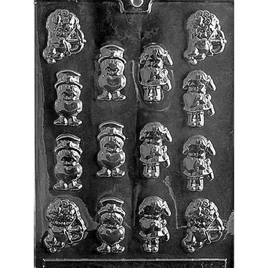 Clear plastic chocolate mold photographed on a black background with multiple cupid-themed cavities, including a cupid with a bow and two characters holding large hearts.