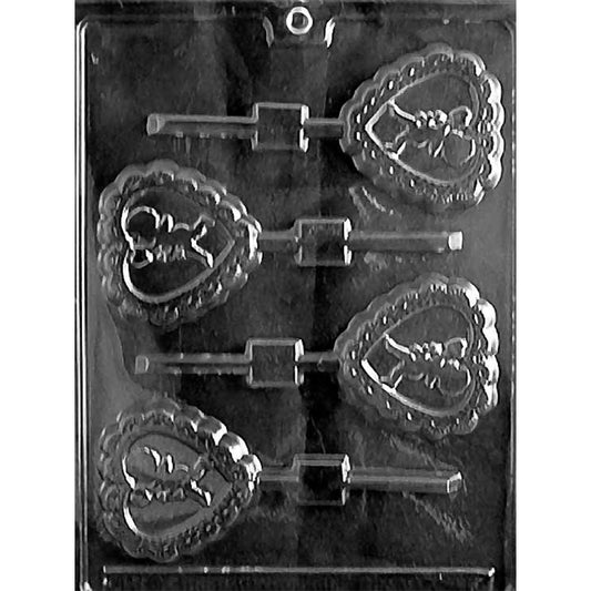 Clear plastic chocolate lollipop mold with five heart-shaped cavities featuring an embossed cherub Cupid holding a small heart and a single arrow, each cavity attached to a stick channel on a dark background.
