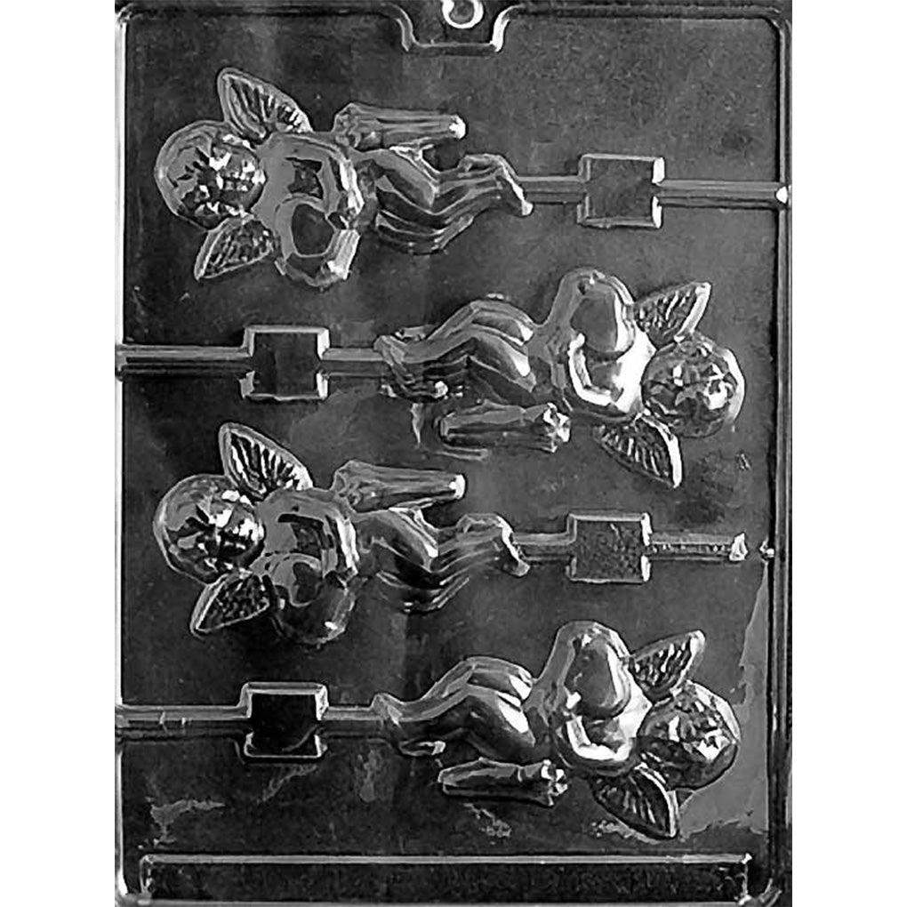 Clear plastic chocolate lollipop mold with four cupid-shaped cavities, each showing a winged cherub holding a heart, with stick channels for Valentine pops.