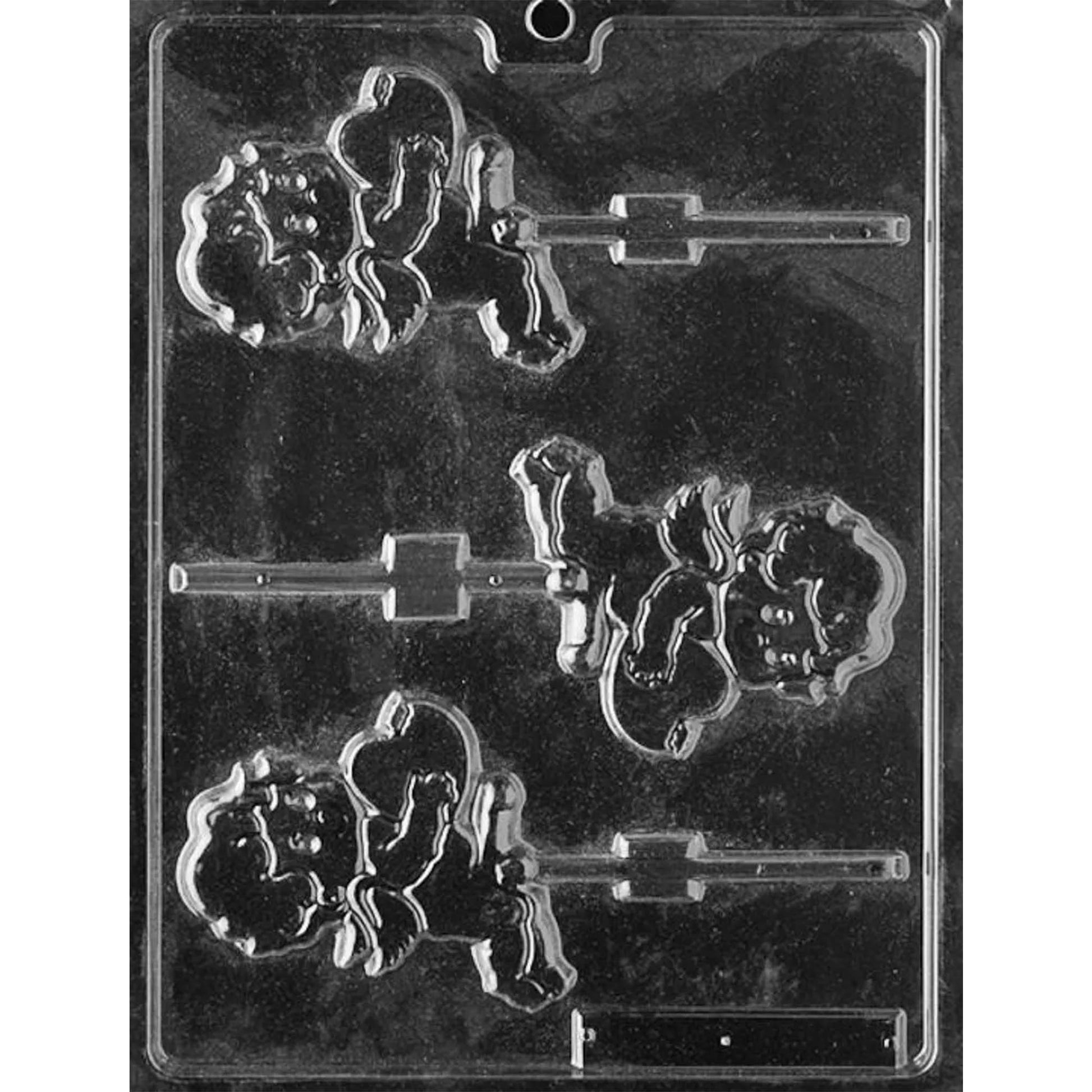 Clear plastic Hung Cupids Chocolate Lollipop Mold photographed against a dark background, featuring three detailed adult cupid-shaped cavities with channels for lollipop sticks.