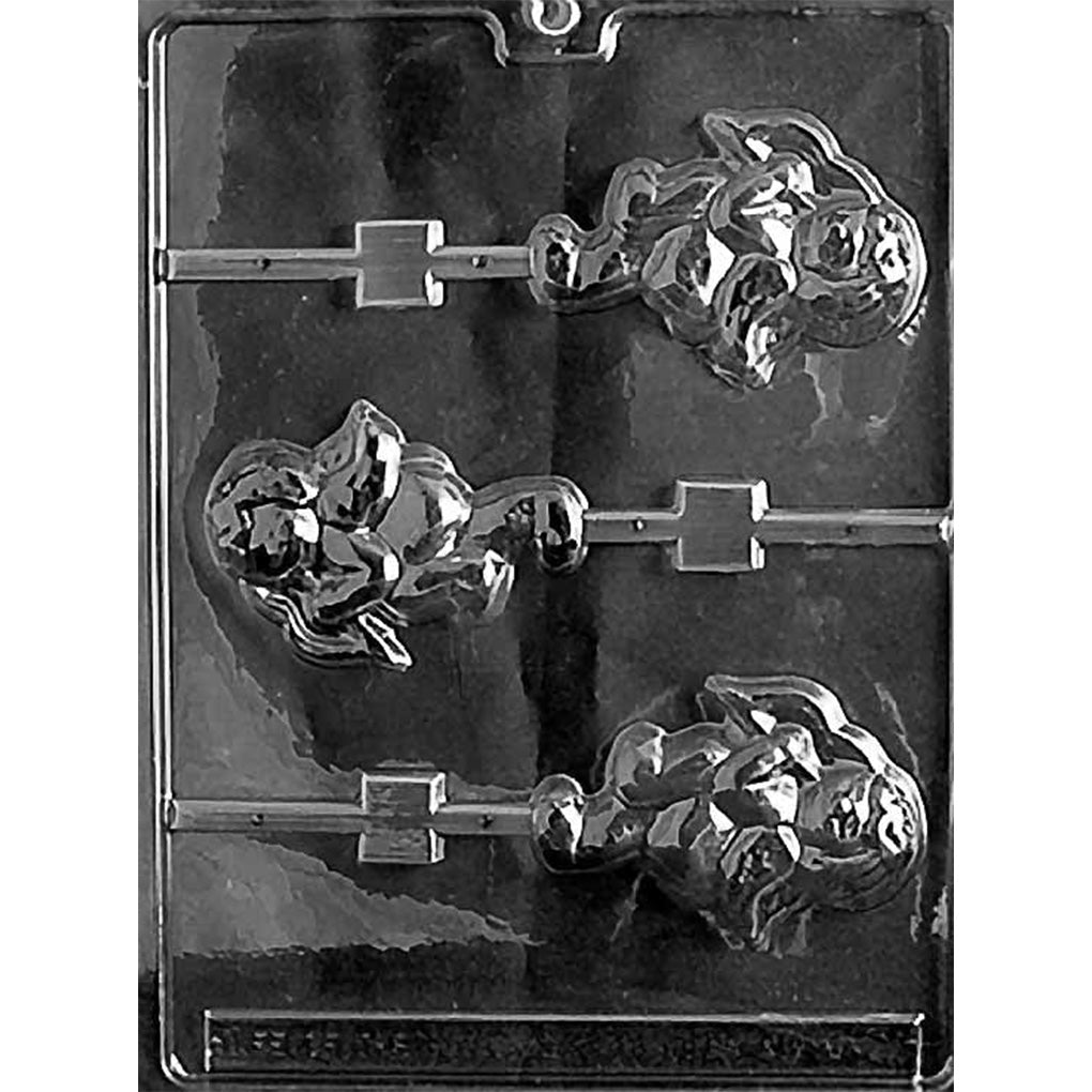 Three-cavity Cupid with arrow chocolate lollipop mold with 3 1/2 x 2 1/4 x 3/8-inch winged Cupid designs and stick channels