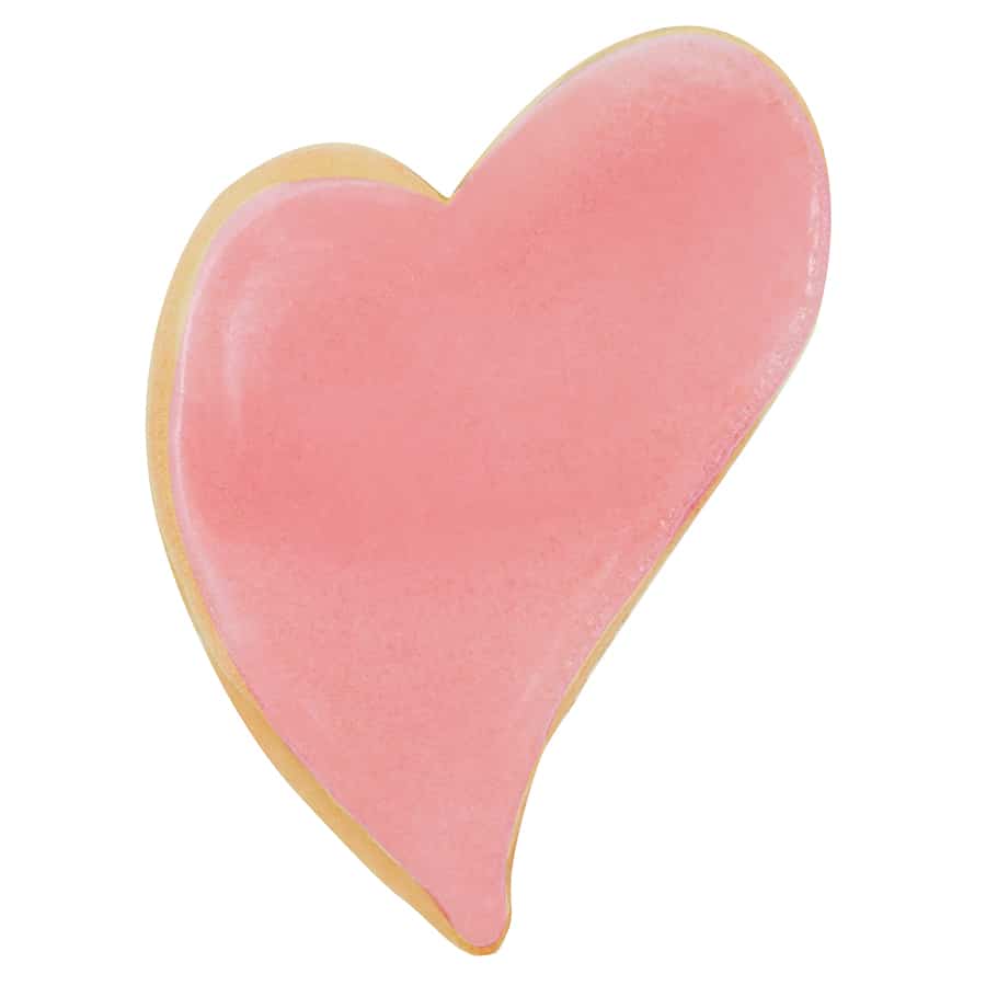 Decorated heart-shaped cookie with pink icing, made using the curved heart cutter.