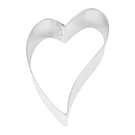 Curved heart-shaped metal cookie cutter with a folk-style asymmetrical design.