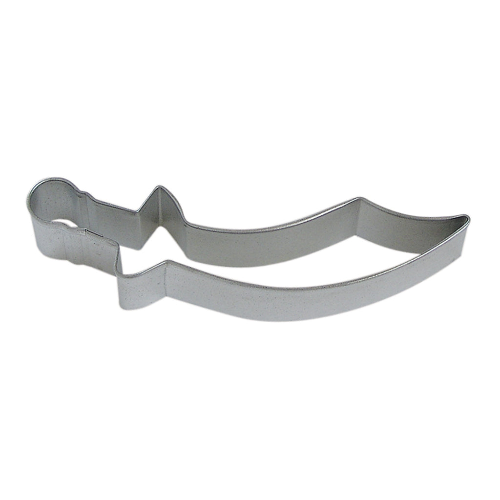 Metal sword-shaped cookie cutter with a curved blade and a detailed handle, ideal for medieval, pirate, or fantasy-themed cookies.