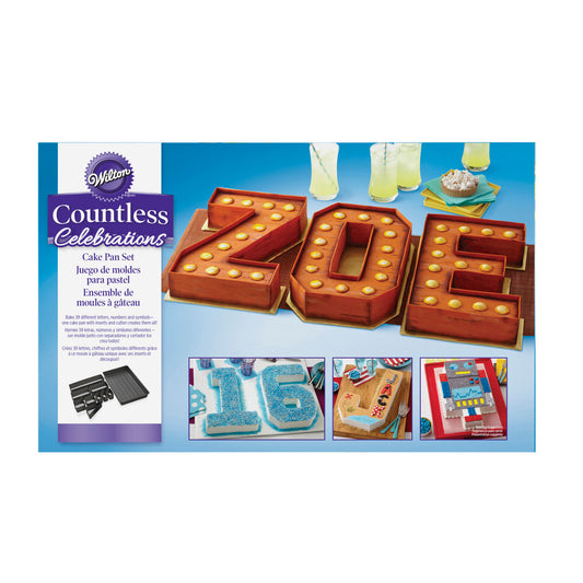 Packaging for the Wilton Countless Celebrations Cake Pan Set featuring decorated cakes spelling “ZOE” and photo examples of custom cakes.