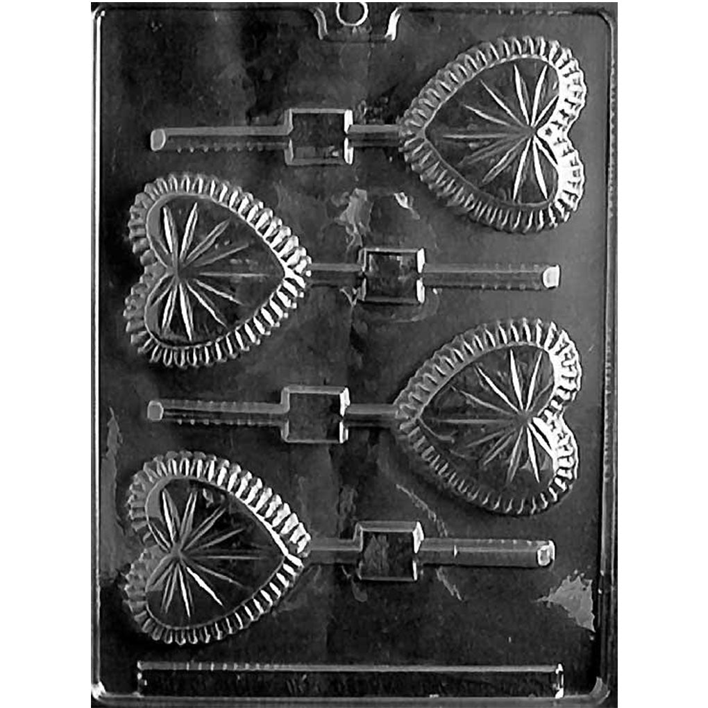 Clear chocolate lollipop mold with four heart-shaped cavities featuring radiating crystal-style lines and ridged borders around the edges.
