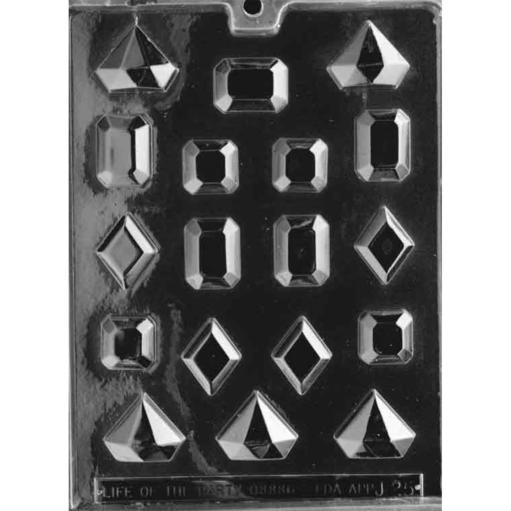 Clear Jewels Chocolate Mold with 18 faceted gem cavities in rectangular, square, diamond, and pointed shapes