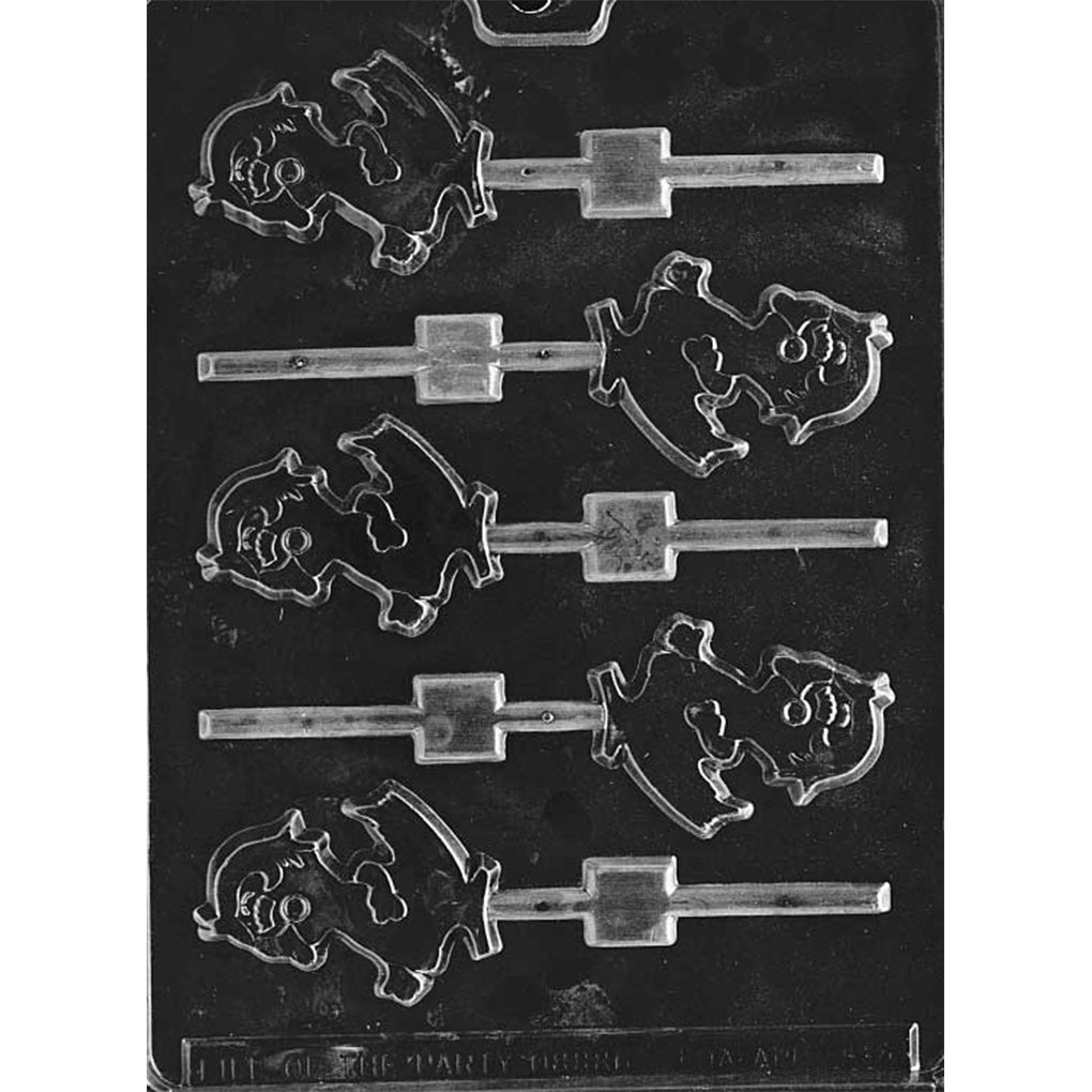 Clear plastic cute duckling chocolate lollipop mold with six duck-shaped cavities, showing a cartoon duckling with a small tuft of hair and built-in stick channels.