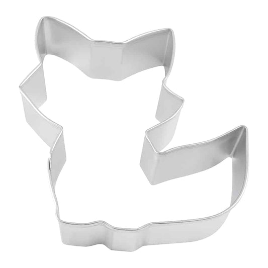 Cute fox cookie cutter with pointed ears and a bushy tail, viewed from the top.