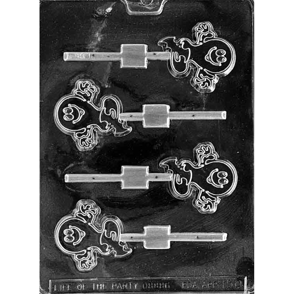 Clear plastic cartoon ghost chocolate lollipop mold with four wide-eyed ghost cavities, raised hands, wavy tails, and built-in stick channels