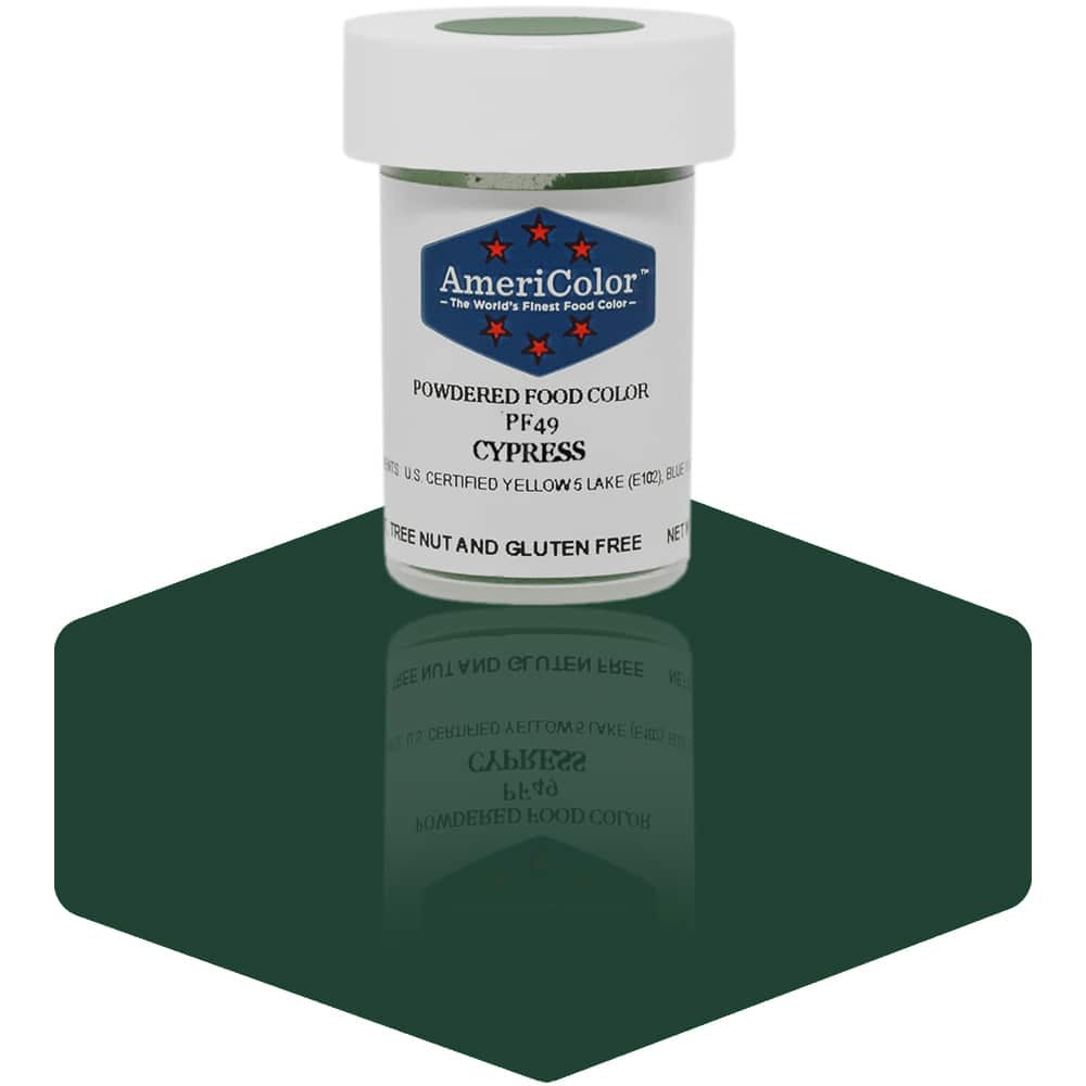 AmeriColor Cypress powdered food coloring 3 gram jar with deep green powder for botanical cake decorating.