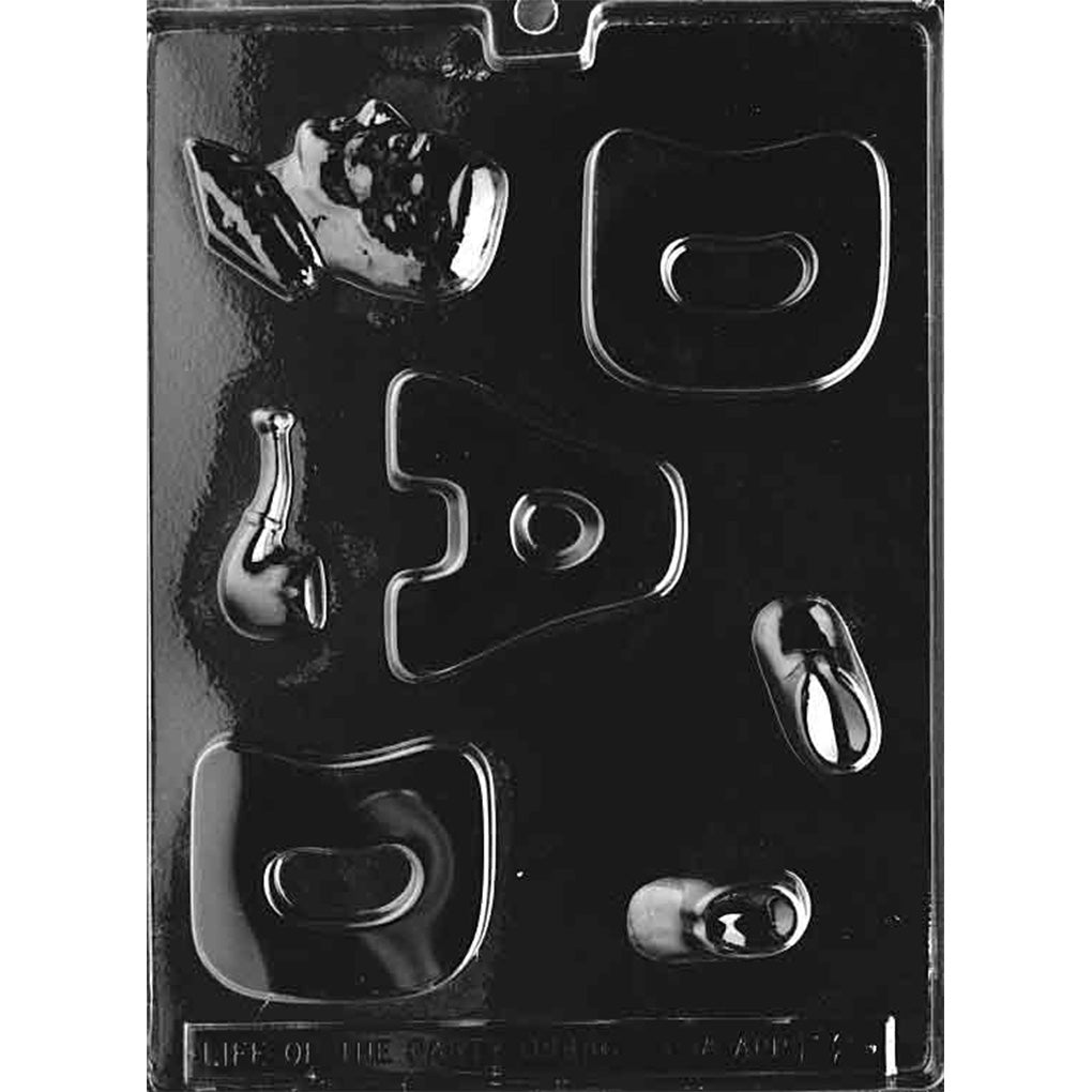 Clear plastic chocolate mold photographed against a black background, featuring “DAD” block letter cavities plus small shapes including a dad profile bust, slippers, and a pipe.