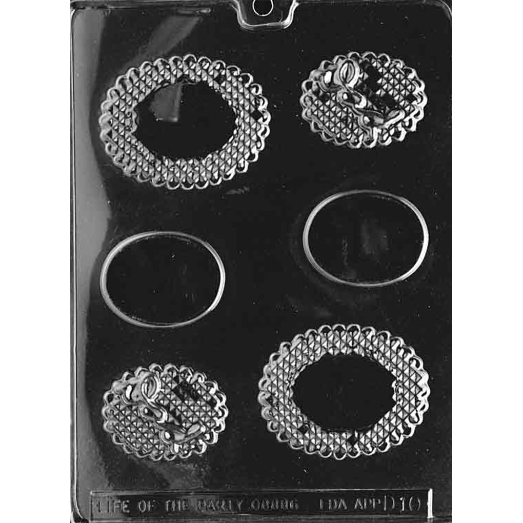 Three-piece chocolate mold with oval and patterned sections that assemble into a 3D top hat featuring “DAD” lettering.