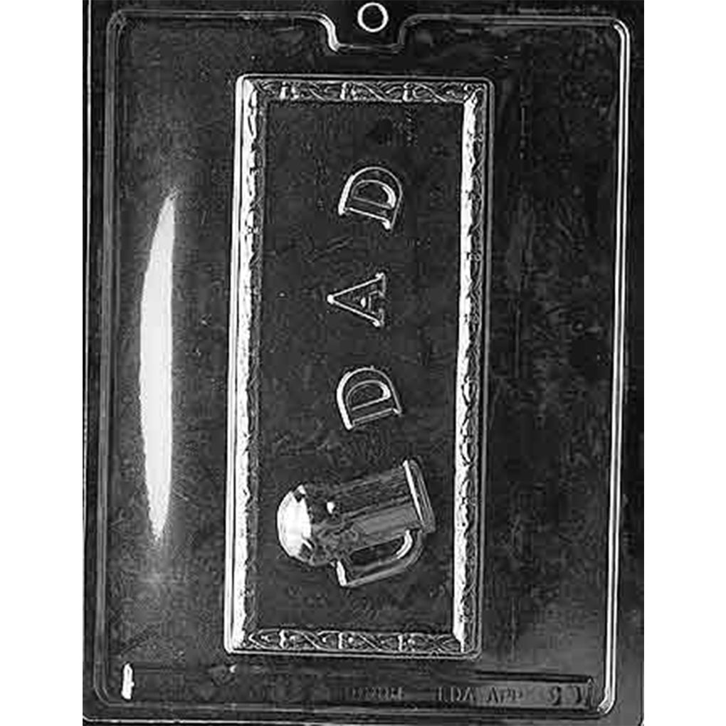 Clear chocolate mold with one large rectangular bar cavity featuring the word DAD, a beer mug near the bottom, and a decorative border around the edge.