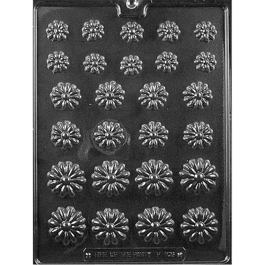Clear plastic Daisy Assortment Chocolate Mold with 26 flower cavities arranged in three sizes, including 10 small, eight medium, and eight large daisies