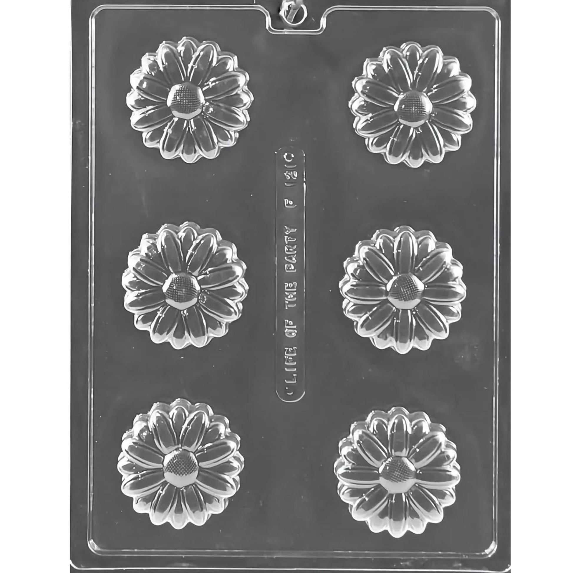 Clear plastic chocolate mold tray with six daisy-shaped cookie cavities, each with layered petals and a textured flower center for chocolate covered Oreo-style cookies