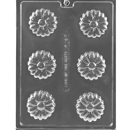 Clear plastic chocolate mold tray with six daisy-shaped cookie cavities, each with layered petals and a textured flower center for chocolate covered Oreo-style cookies