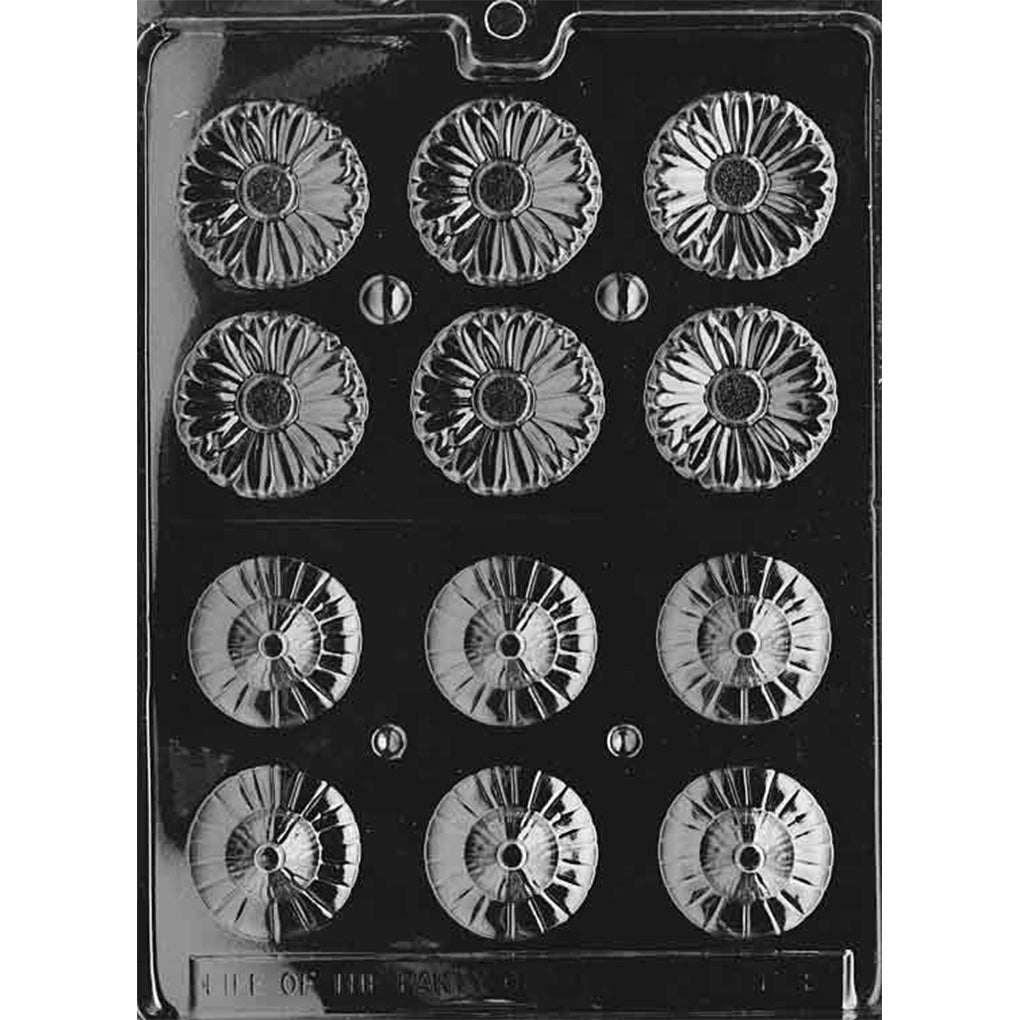 Clear 3D Daisy Flower Chocolate Mold photographed against a black background with six detailed daisy top cavities above six matching round back cavities with stem openings.