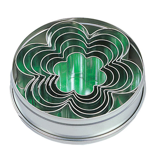 Set of six stainless steel daisy-shaped cookie cutters neatly nested inside a round storage tin.