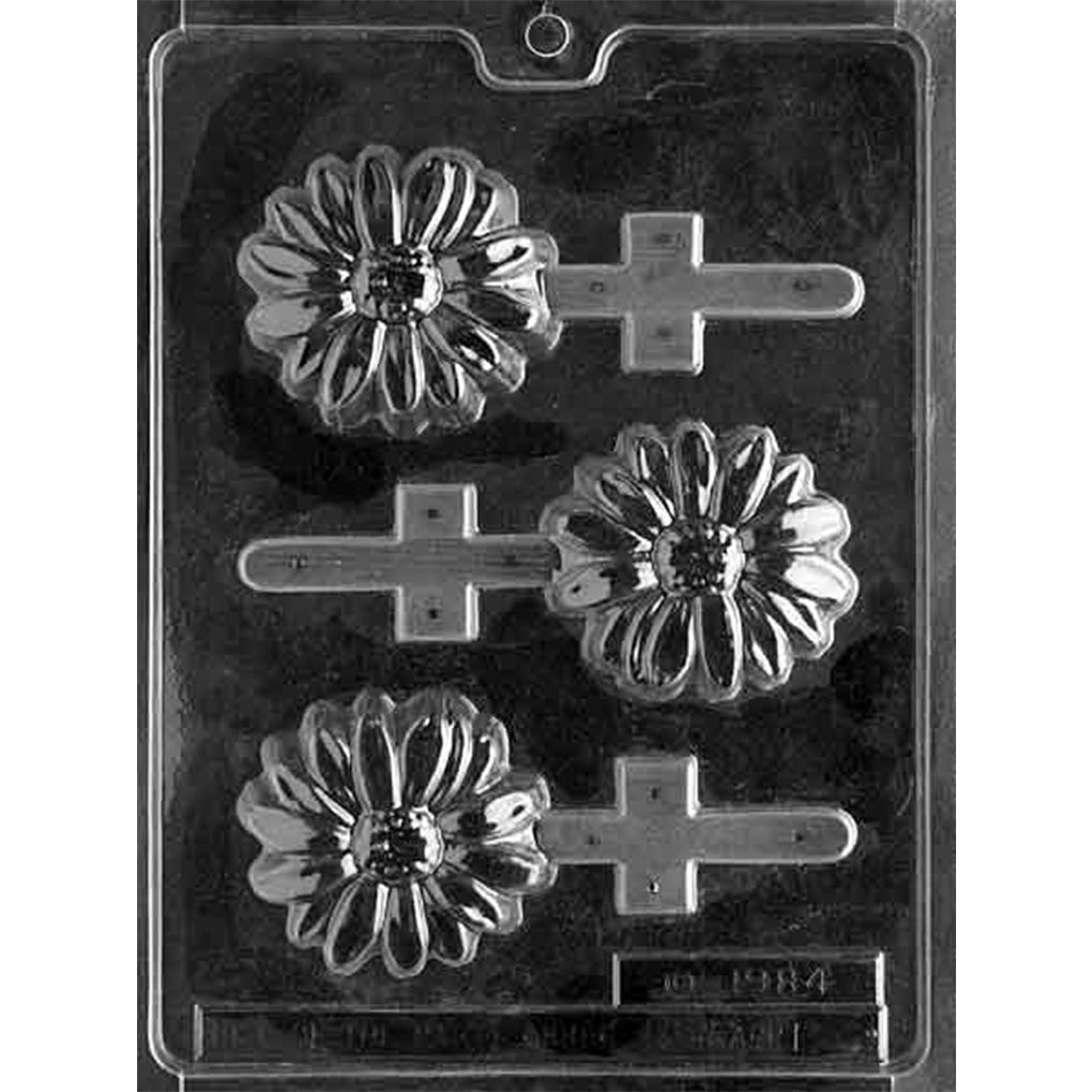 Clear plastic chocolate lollipop mold with 3 detailed daisy flower cavities, textured round centers, defined petals, and individual stick channels.