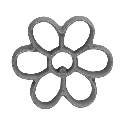 Overhead view of a medium daisy-shaped rosette iron mold with six rounded petals and a center circle.