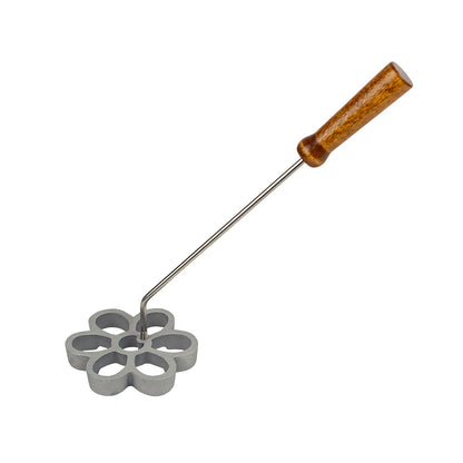 Medium daisy rosette mold attached to a metal rod with a wooden handle, ready for use in frying rosette cookies.