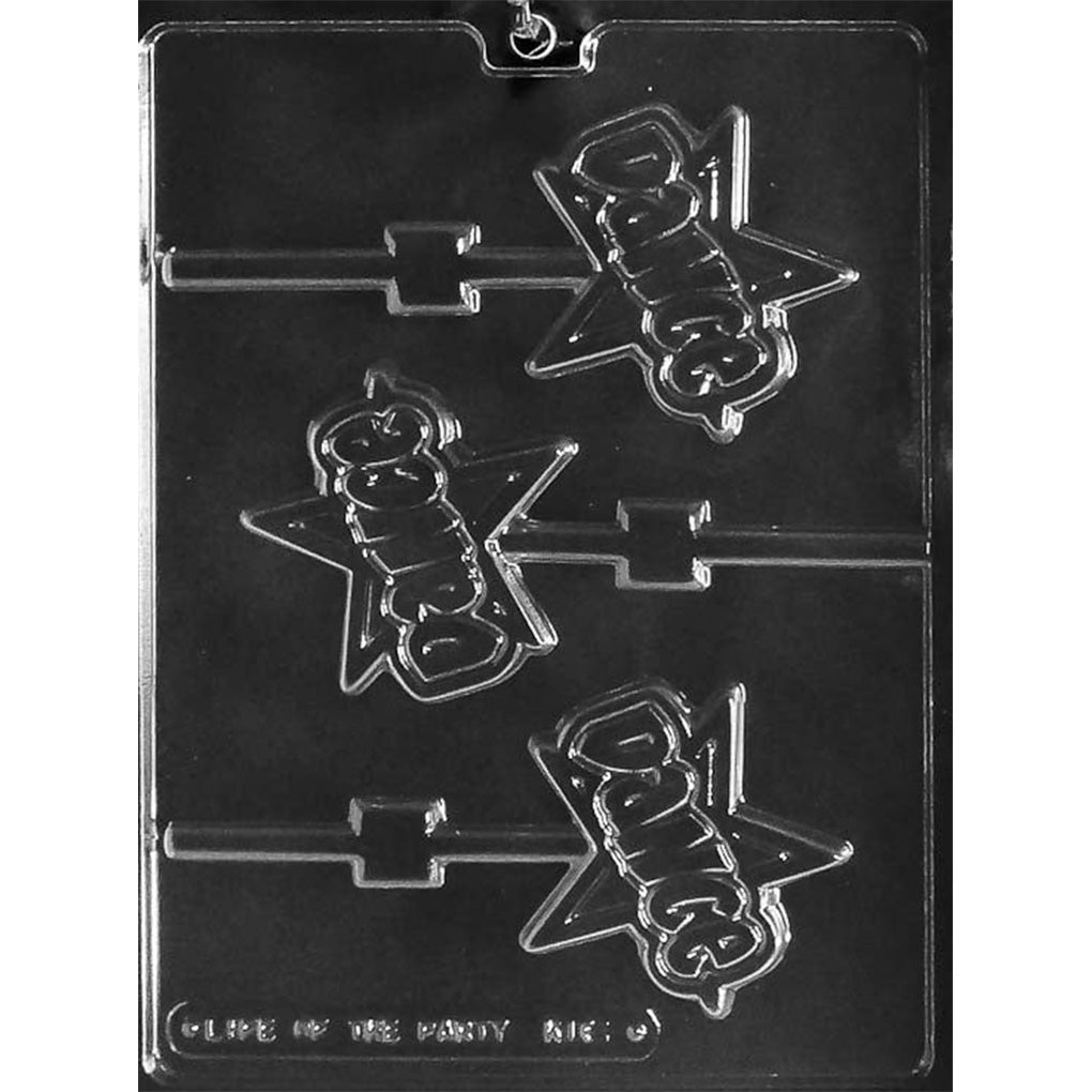 Clear chocolate lollipop mold with three star-shaped cavities featuring the word DANCE across the front, each connected to a straight stick channel.
