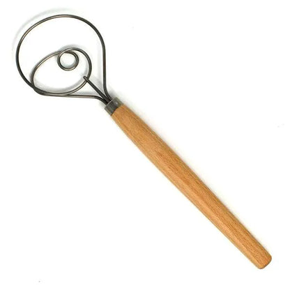 A wooden Danish dough whisk featuring a twisted metal loop attached to a sturdy wooden handle, ideal for mixing doughs and batters.