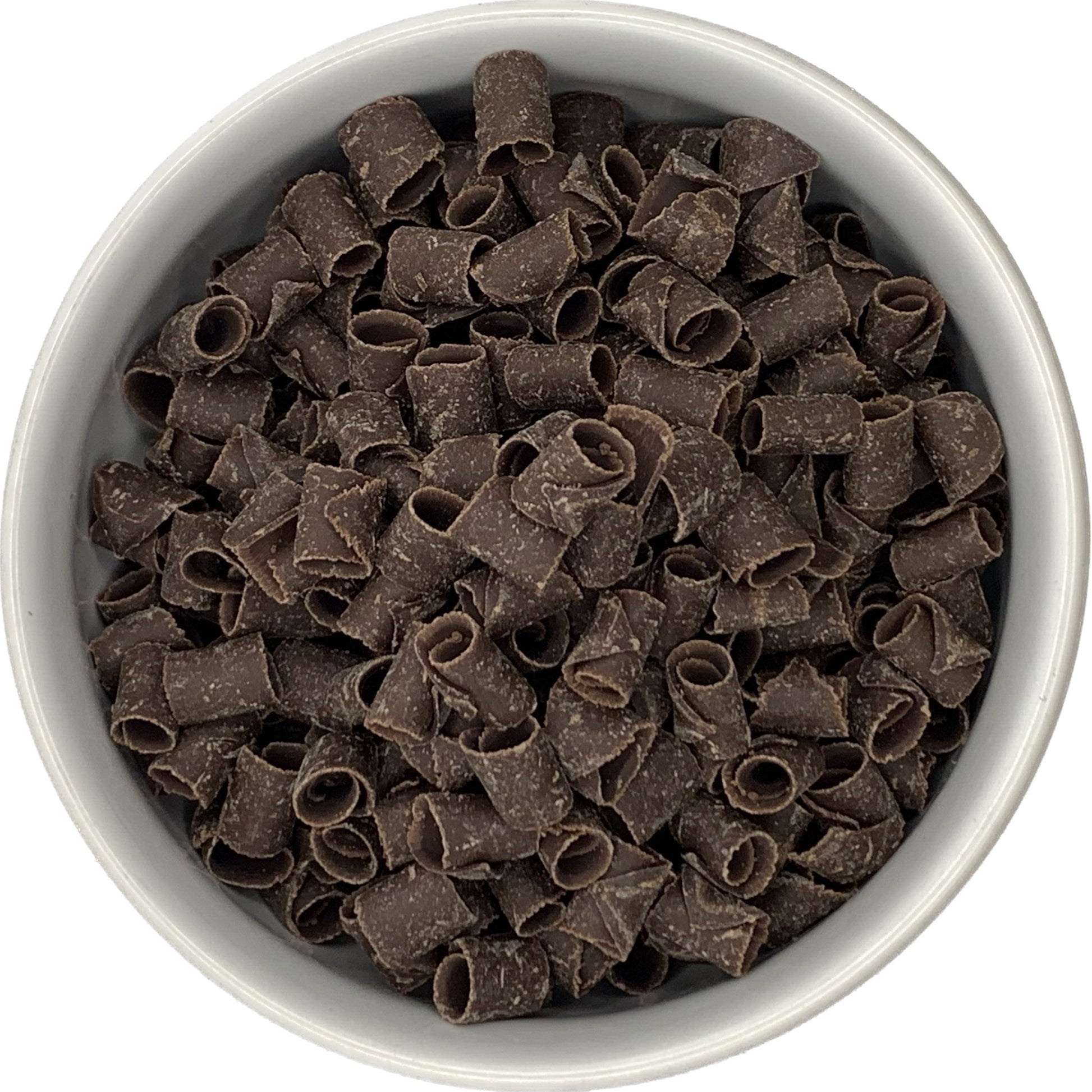 Bowl filled with dark chocolate curls, showing their rolled texture and rich chocolate color.