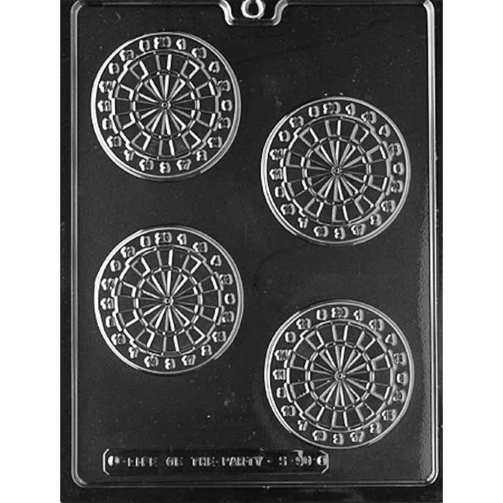 Clear plastic chocolate mold with four round dartboard cavities featuring scoring rings, numbered sections, and a bullseye design for making dartboard-shaped chocolates.