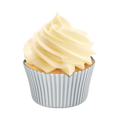Cupcake topped with smooth cream cheese frosting in a metallic silver cupcake liner, perfect for decorating baked goods.