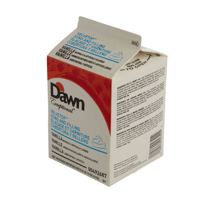 A carton of Dawn Exceptional vanilla filling and icing, featuring detailed product information and branding.