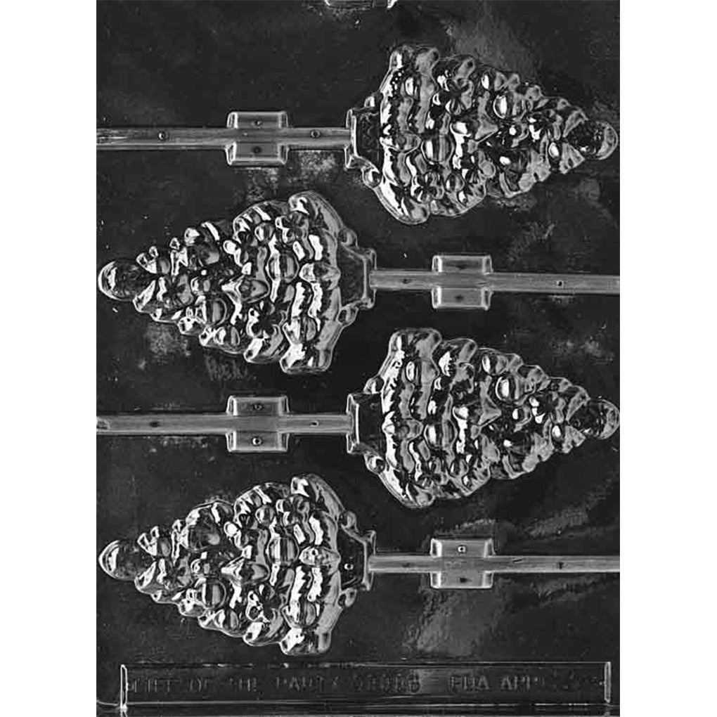 Clear plastic Christmas tree chocolate lollipop mold with four decorated tree cavities featuring raised ornaments and floral accents, each with a stick channel, on a dark background.