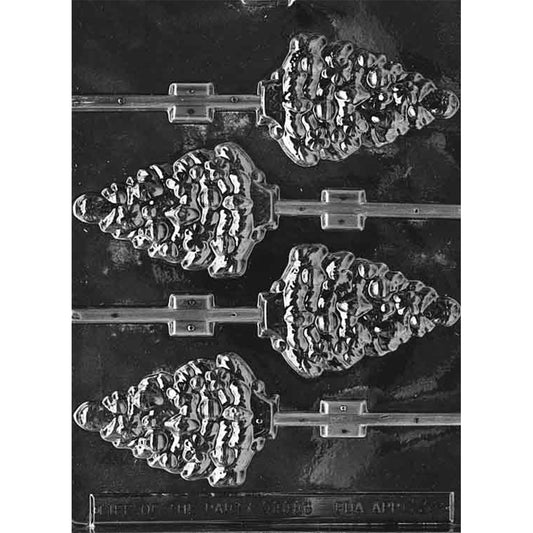 Clear plastic Christmas tree chocolate lollipop mold with four decorated tree cavities featuring raised ornaments and floral accents, each with a stick channel, on a dark background.