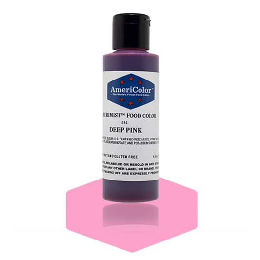 AmeriMist Deep Pink airbrush food coloring bottle, 4.5 oz, shown with swatch of pink color underneath for reference.