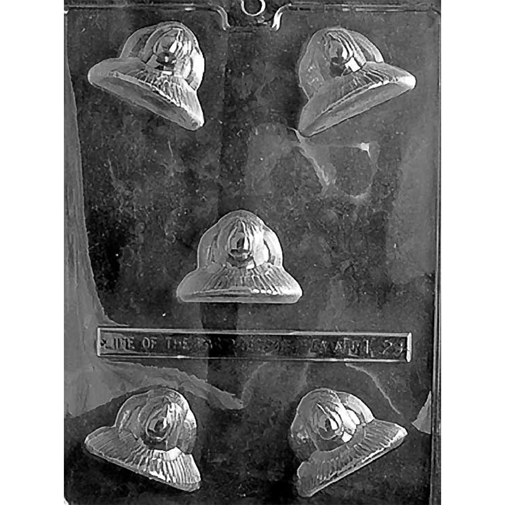 Plastic chocolate mold with five deep turkey-shaped cavities designed as seated tom turkeys with fanned tail feathers.