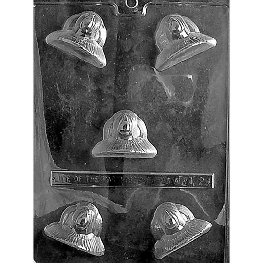 Plastic chocolate mold with five deep turkey-shaped cavities designed as seated tom turkeys with fanned tail feathers.