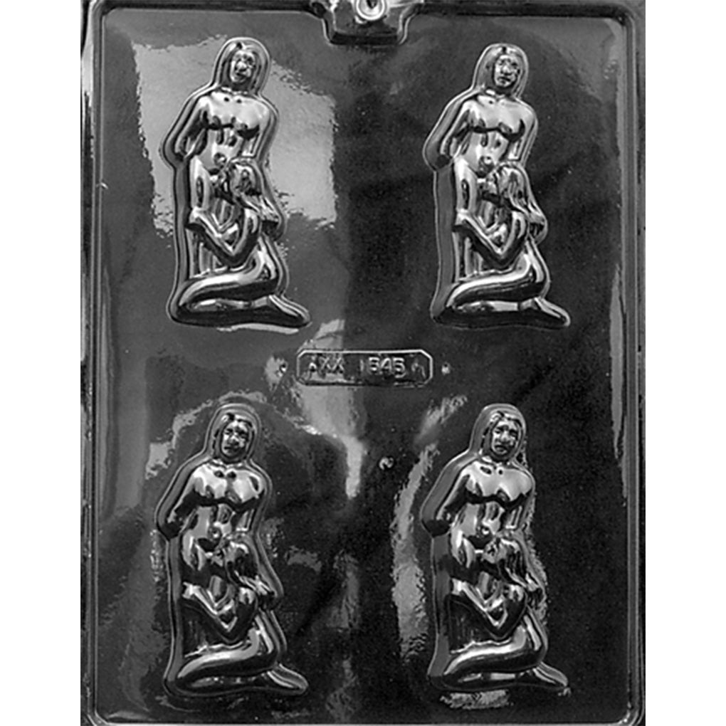 Clear Deep Throat Chocolate Mold photographed against a black background, showing four matching cavities depicting an adult couple in a suggestive intimate pose.