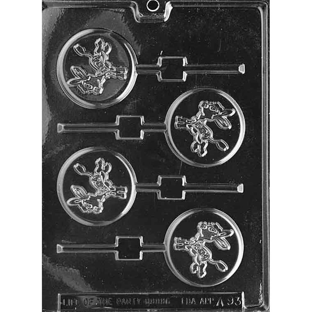 Clear plastic chocolate lollipop mold photographed on a black background with four round cavities, each embossed with a donkey emblem and the letters “DEM,” plus built-in stick grooves.