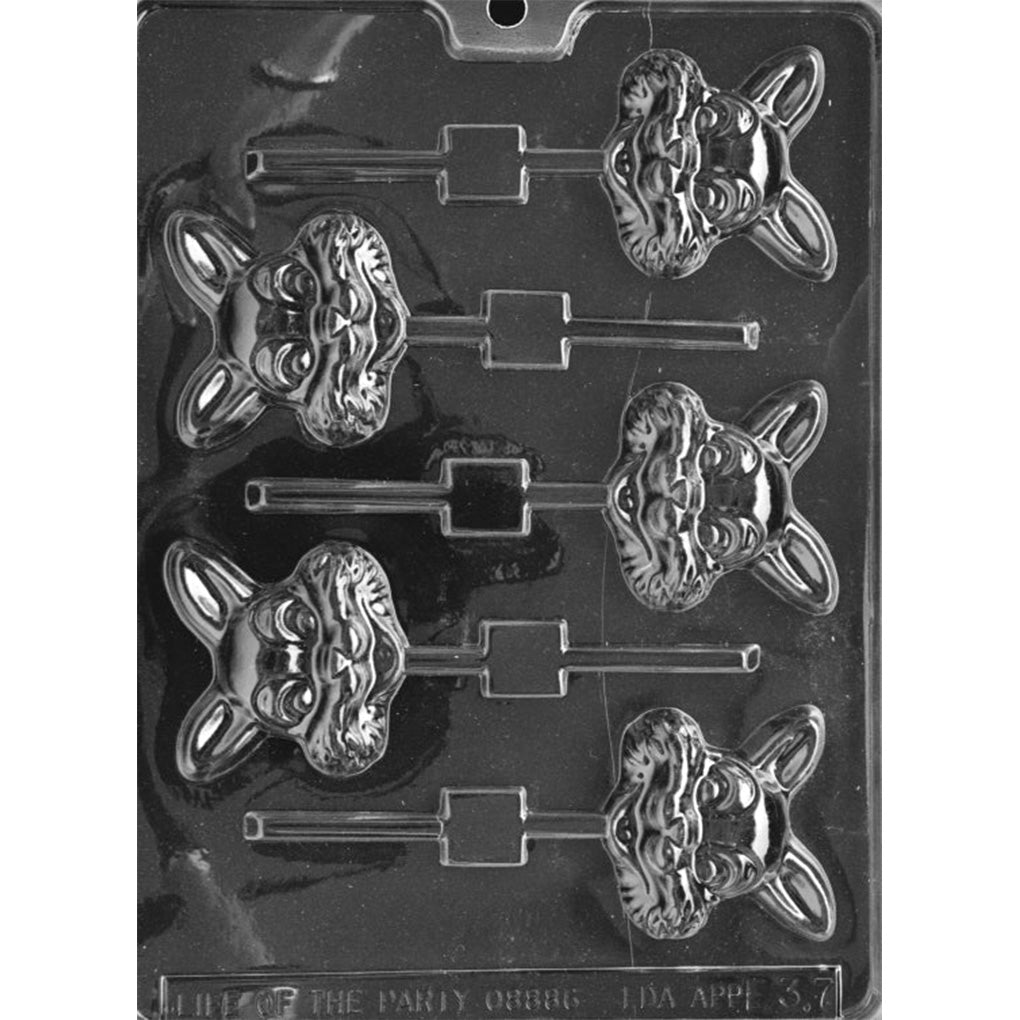 Clear plastic chocolate lollipop mold with six detailed bunny face cavities featuring tall ears, textured fluffy cheeks, and raised eyes and nose, each connected to a stick channel on a dark background.