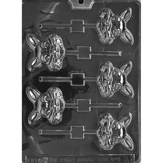 Clear plastic chocolate lollipop mold with six detailed bunny face cavities featuring tall ears, textured fluffy cheeks, and raised eyes and nose, each connected to a stick channel on a dark background.