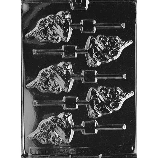Clear plastic unicorn head chocolate lollipop mold with six unicorn profile cavities showing a pointed horn and flowing mane, each with a stick channel, on a dark background.