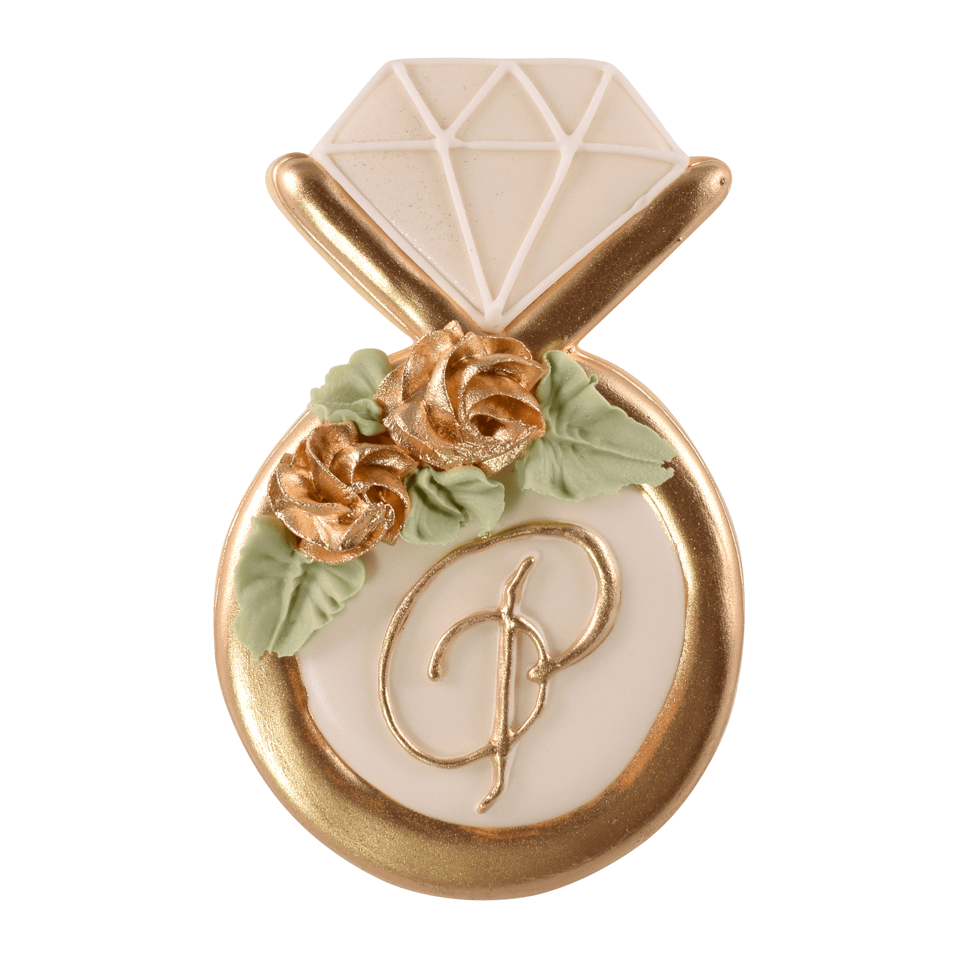 Diamond ring-shaped cookie featuring a shimmering gold border, elegant floral details, and a monogrammed initial in the center.