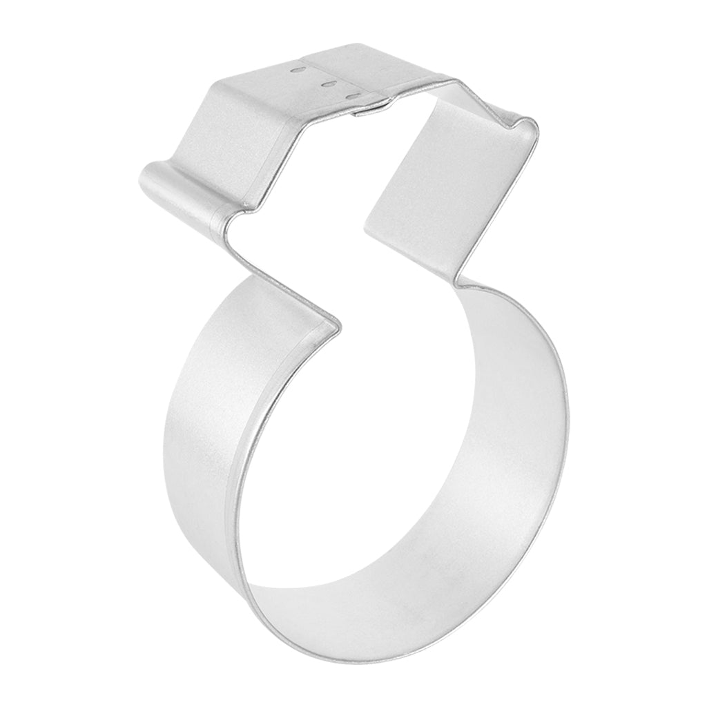 Side view of a diamond ring cookie cutter, showing its sturdy metal build and clean-cut design.