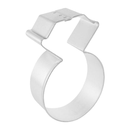 Side view of a diamond ring cookie cutter, showing its sturdy metal build and clean-cut design.