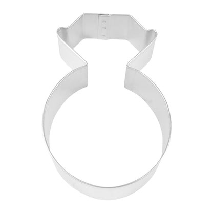 Diamond ring-shaped metal cookie cutter with smooth edges, perfect for wedding and engagement-themed treats.