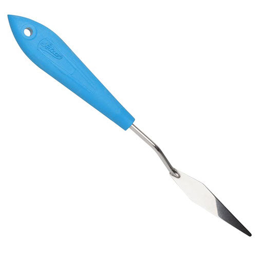 Diamond-shaped offset spatula with a 2.9" x 0.5" stainless steel blade and blue plastic handle, designed for detailed fondant and cake decorating work.